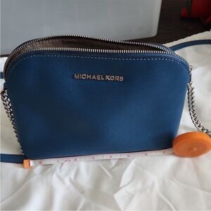 Michael Kors Blue Saffiano Leather Dome Crossbody with Silver Hardware